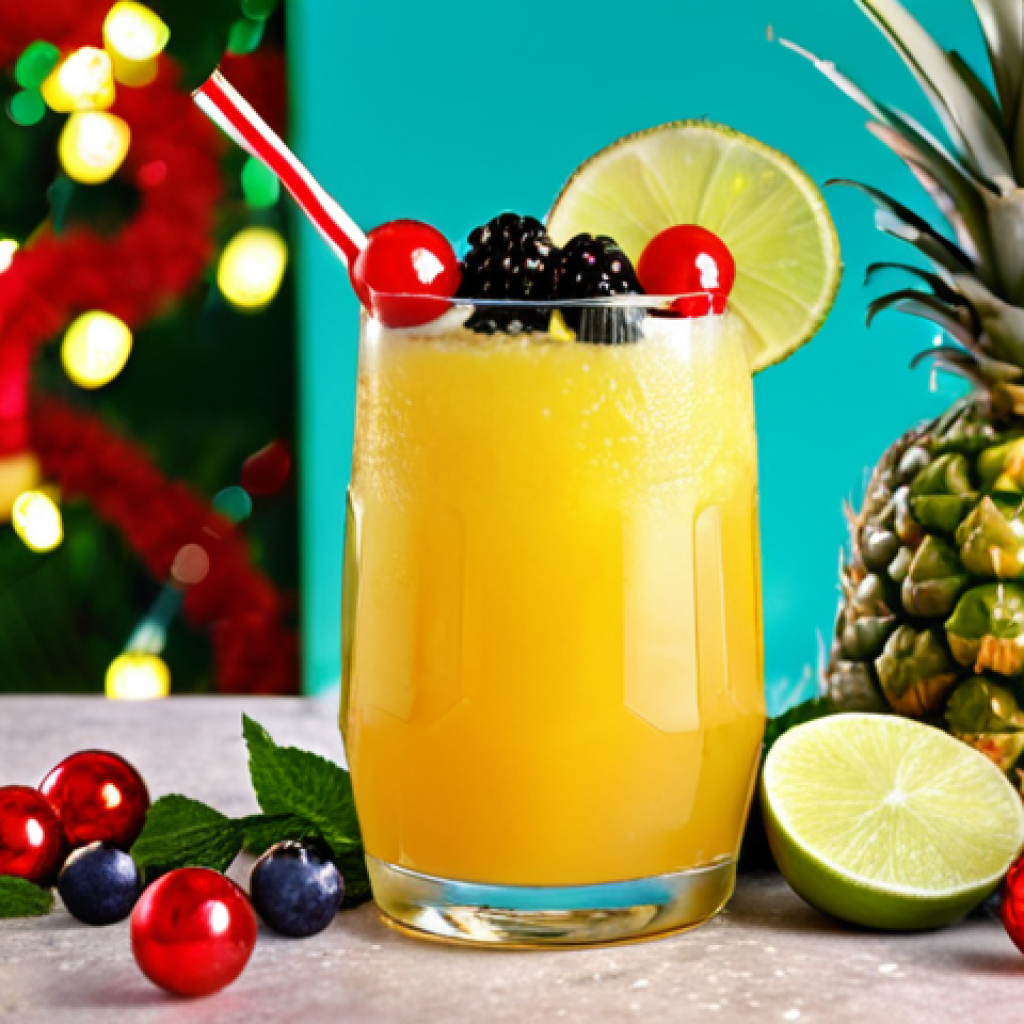 **Tropical Fruit Cocktail**: Create an image of a vibrant tropical fruit cocktail featuring fresh ingredients like pineapple, lime, and berries. The drink should be served in a tall glass, garnished with slices of fruit and mint leaves, set against a festive Christmas backdrop.
