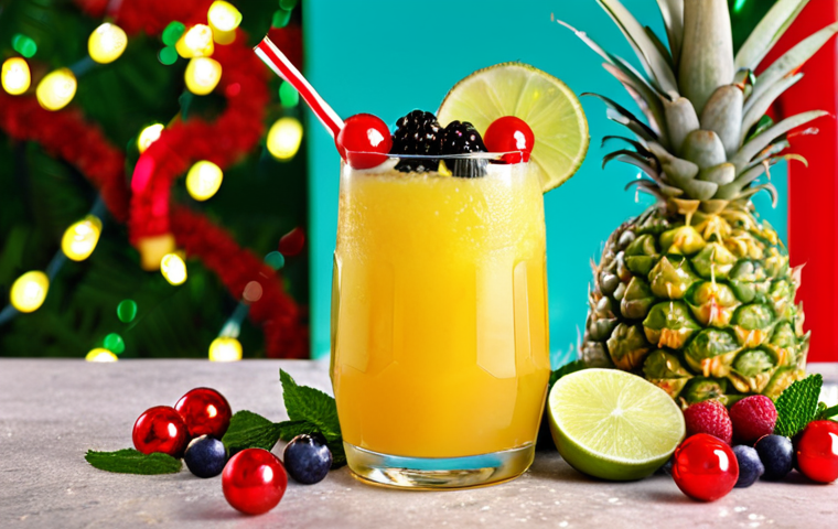 **Tropical Fruit Cocktail**: Create an image of a vibrant tropical fruit cocktail featuring fresh ingredients like pineapple, lime, and berries. The drink should be served in a tall glass, garnished with slices of fruit and mint leaves, set against a festive Christmas backdrop.