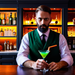 A focused male home mixologist in a neat, fully clothed, modest, professional bartender vest and shirt, expertly pouring a vibrant, dark green Halloween-themed cocktail into a classic martini glass. The cocktail is visually striking, with a deep, eerie green color, and features a single, round, olive-like garnish that resembles an eye floating on the surface. The setting is a dimly lit, professional home bar with atmospheric orange and purple LED lighting, showcasing various bar tools, bottles, and a subtle, decorative cobweb accent in the background. The image captures a moment of creative craft. perfect anatomy, correct proportions, natural pose, well-formed hands, proper finger count, natural body proportions, professional photography, high quality, safe for work, appropriate content, fully clothed, modest clothing, family-friendly.