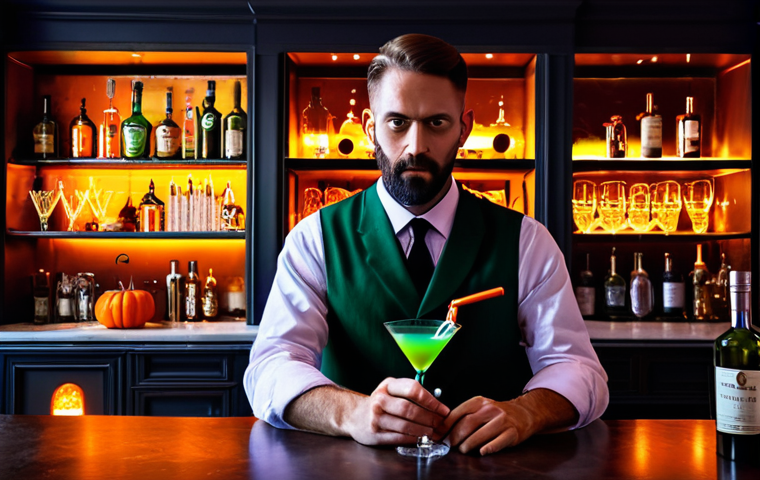 A focused male home mixologist in a neat, fully clothed, modest, professional bartender vest and shirt, expertly pouring a vibrant, dark green Halloween-themed cocktail into a classic martini glass. The cocktail is visually striking, with a deep, eerie green color, and features a single, round, olive-like garnish that resembles an eye floating on the surface. The setting is a dimly lit, professional home bar with atmospheric orange and purple LED lighting, showcasing various bar tools, bottles, and a subtle, decorative cobweb accent in the background. The image captures a moment of creative craft. perfect anatomy, correct proportions, natural pose, well-formed hands, proper finger count, natural body proportions, professional photography, high quality, safe for work, appropriate content, fully clothed, modest clothing, family-friendly.