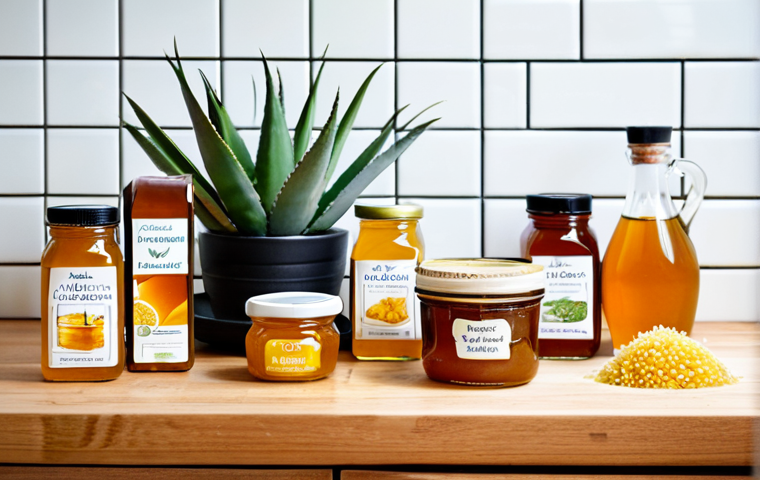 Natural Sweeteners Display**

"A brightly lit, professional photograph showcasing a variety of natural sweeteners arranged artfully on a wooden countertop. Includes honey in a glass jar, a bottle of agave syrup, and a small dish of stevia powder.  Scattered around are relevant ingredients: agave leaves, honeycomb, and stevia plant cuttings.  Background is a clean, modern kitchen. Focus on detail and texture. safe for work, appropriate content, fully clothed, professional, perfect anatomy, natural proportions, well-formed hands, proper finger count, modest, family-friendly."

**